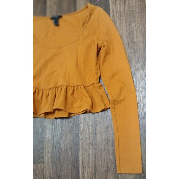 Juniors Small Cropped Peplum Long Sleeve Top Rust Ochre Yellow Boho Y2K - Picture 3 of 9